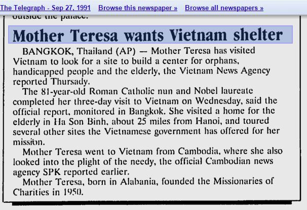 Tin vắn về chuyến thăm của Mẹ Têrêsa đến Việt Nam trên The Telegraph ngày 27/9/1991. Ảnh: Internet.